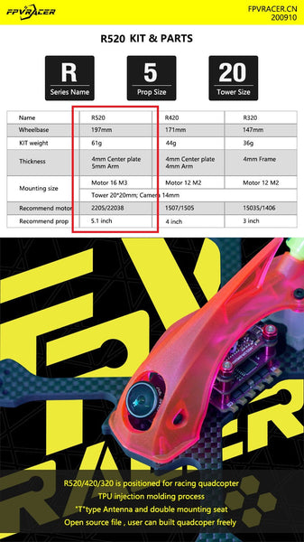 FPVracer R520 Ultralight 5" FPV Long Range Quadcopter Frame
