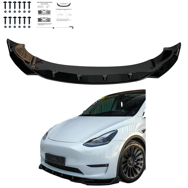 OW Front Bumper Lip Splitter TESLA Model Y 2020-2025 Gloss Black ABS Plastic Screws On