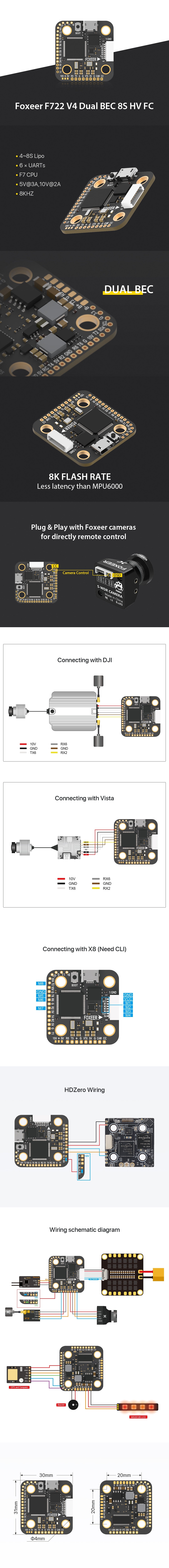 Foxeer F722 Mini V4 Dual BEC 8S HV Flight Controller (20x20)