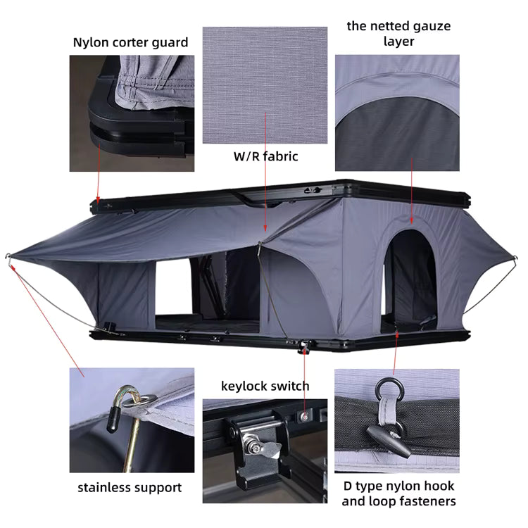 WEIER WERT-002 Aluminium Alloy Vehicle Car V2 2P Vertical Pop up Roof Tent Hard Shell - For Car / RV / Pickup / Van / Camper / 4x4 + Ladder + 7cm Mattress + Light + Shoe Bag