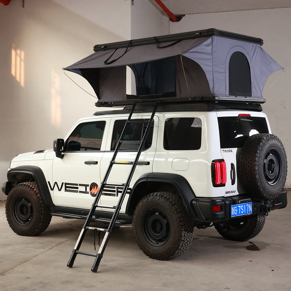 WEIER WERT-002 Aluminium Alloy Vehicle Car V2 2P Vertical Pop up Roof Tent Hard Shell - For Car / RV / Pickup / Van / Camper / 4x4 + Ladder + 7cm Mattress + Light + Shoe Bag