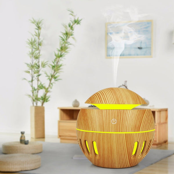 Wood Grain USB Hollowed-out Humidifier Seven Color Aromatherapy Lamp Automatic Alcohol Sprayer with Remote Control(Sky Blue)