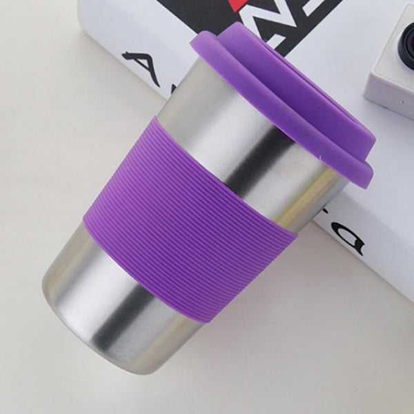 500ml Single Wall Electropolished Stainless Steel Curling Edge Beverage Cup With Rubber Circle Band And Cap, 500ml