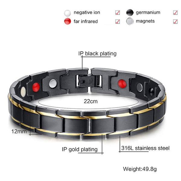 Europe and America Style Fashion Men Jewelry Stainless Steel + Gold-mounted Plating Magnetic Health Bracelet, Size: 12mm*22cm (Black+Gold)