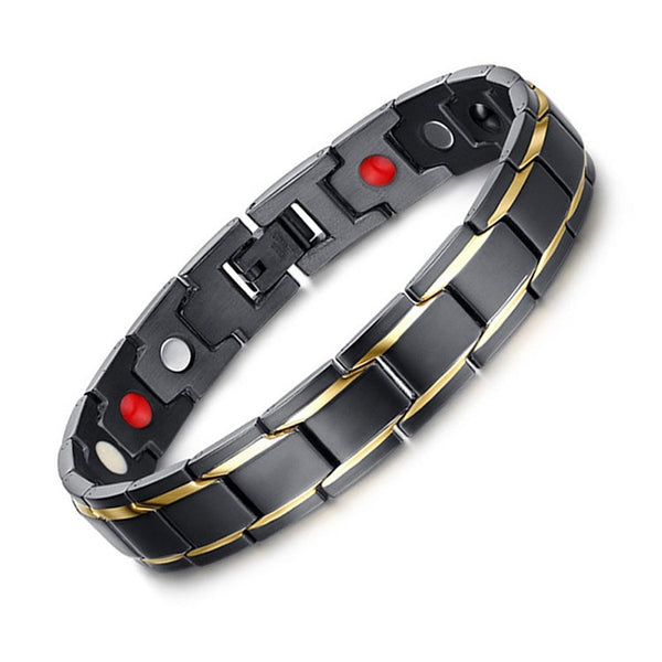 Europe and America Style Fashion Men Jewelry Stainless Steel + Gold-mounted Plating Magnetic Health Bracelet, Size: 12mm*22cm (Black+Gold)