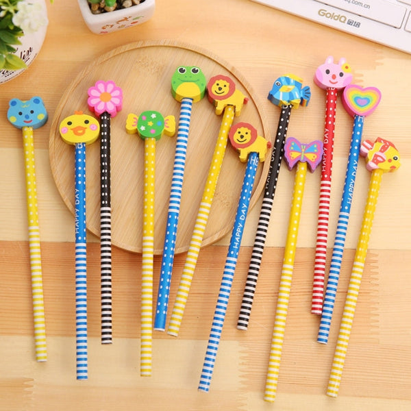 10pcs Creative Stationery Cartoon Animals Series Wooden HB Pencil with Eraser Children Pencils For Kids School Office Supply, Random Color Delivery