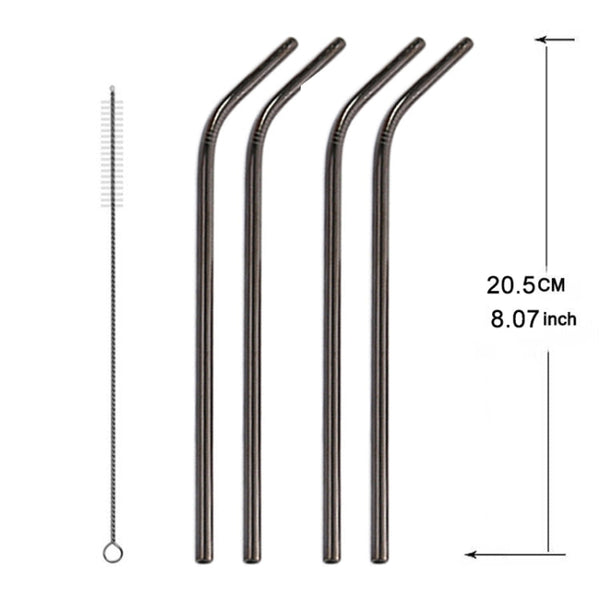 5pcs Reusable Stainless Steel Bent Drinking Straw + Cleaner Brush Set Kit,  215*6mm, 215*6mm (Bent)