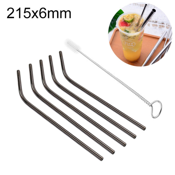5pcs Reusable Stainless Steel Bent Drinking Straw + Cleaner Brush Set Kit,  215*6mm, 215*6mm (Bent)
