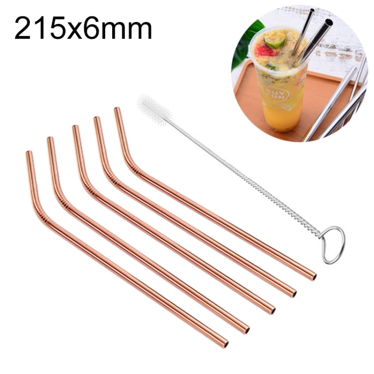 5pcs Reusable Stainless Steel Bent Drinking Straw + Cleaner Brush Set Kit,  215*6mm, 215*6mm (Bent)