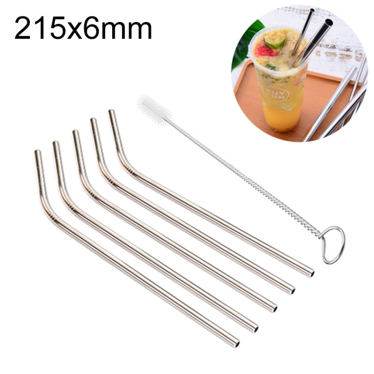 5pcs Reusable Stainless Steel Bent Drinking Straw + Cleaner Brush Set Kit,  215*6mm, 215*6mm (Bent)