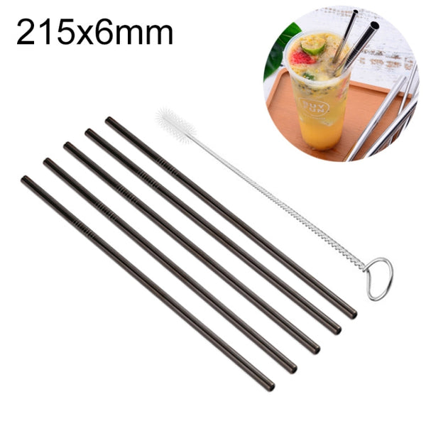 5pcs Reusable Stainless Steel Straight Drinking Straw + Cleaner Brush Set Kit,  215*6mm, 215*6mm (Straight)
