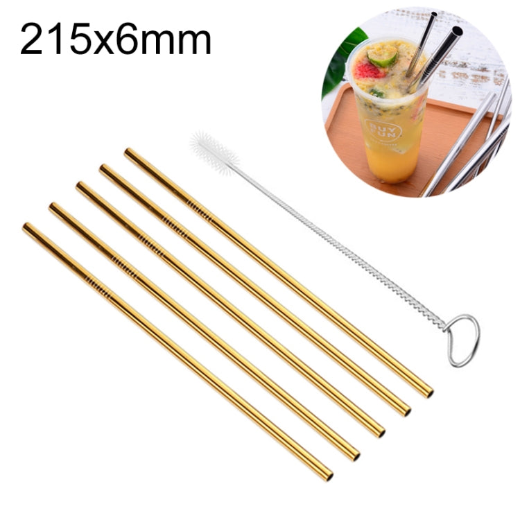 5pcs Reusable Stainless Steel Straight Drinking Straw + Cleaner Brush Set Kit,  215*6mm, 215*6mm (Straight)
