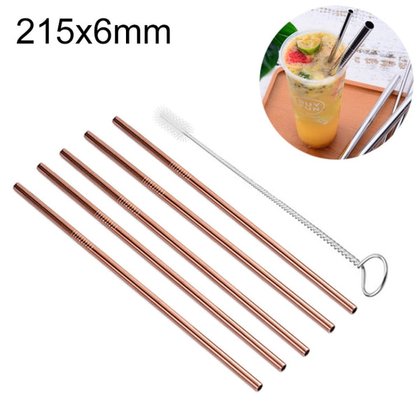 5pcs Reusable Stainless Steel Straight Drinking Straw + Cleaner Brush Set Kit,  215*6mm, 215*6mm (Straight)