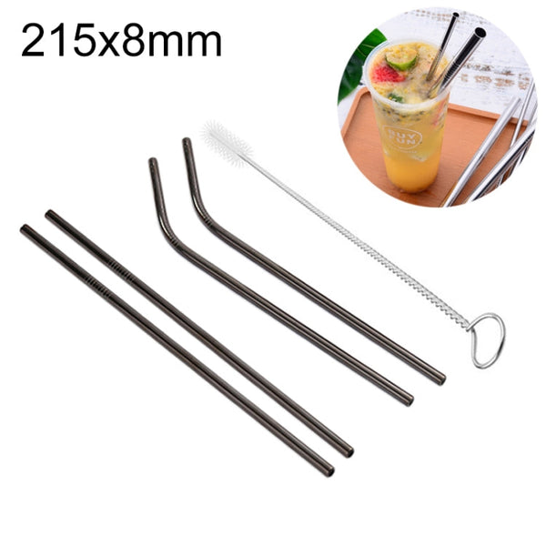 4pcs Reusable Stainless Steel Drinking Straw + Cleaner Brush Set Kit,  215*8mm, 215*8mm (Combination)