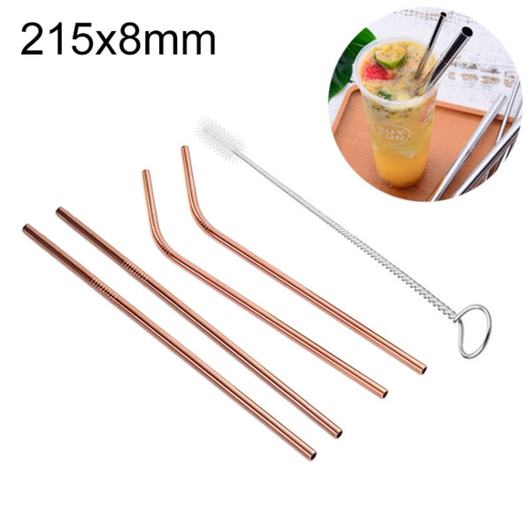 4pcs Reusable Stainless Steel Drinking Straw + Cleaner Brush Set Kit,  215*8mm, 215*8mm (Combination)