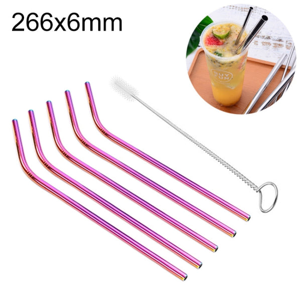 5pcs Reusable Stainless Steel Bent Drinking Straw + Cleaner Brush Set Kit,  266*6mm, 266*6mm (Bent)