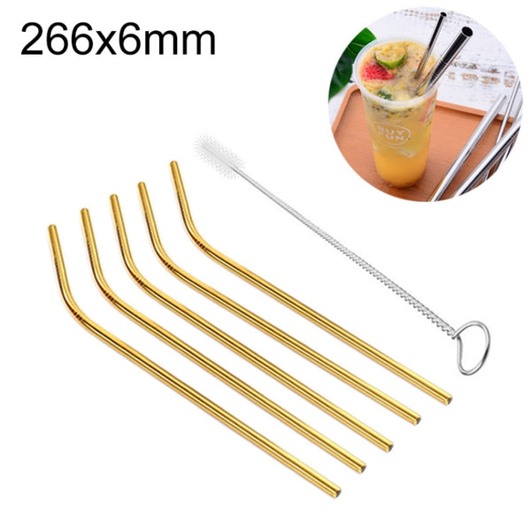 5pcs Reusable Stainless Steel Bent Drinking Straw + Cleaner Brush Set Kit,  266*6mm, 266*6mm (Bent)