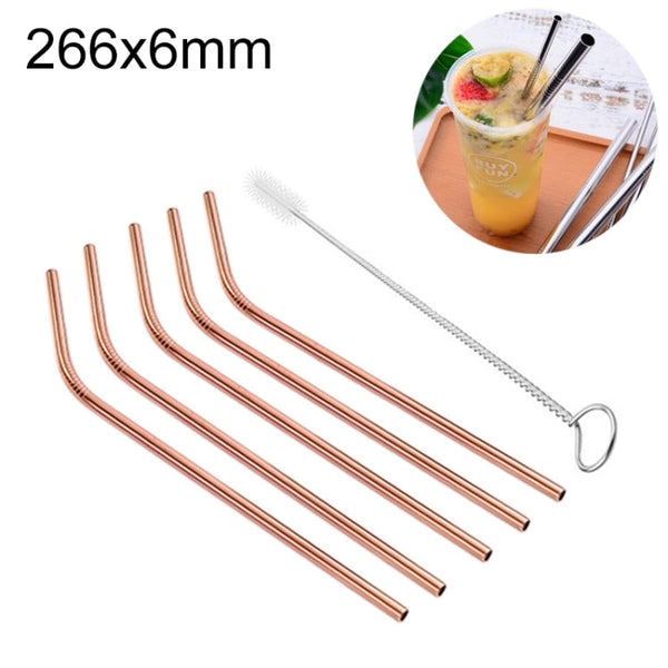 5pcs Reusable Stainless Steel Bent Drinking Straw + Cleaner Brush Set Kit,  266*6mm, 266*6mm (Bent)