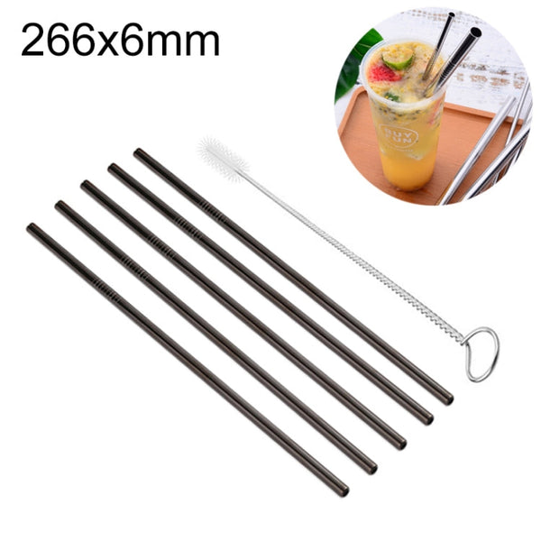 5pcs Reusable Stainless Steel Straight Drinking Straw + Cleaner Brush Set Kit,  266*6mm, 266*6mm (Straight)