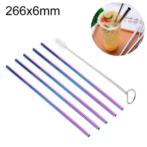 5pcs Reusable Stainless Steel Straight Drinking Straw + Cleaner Brush Set Kit,  266*6mm, 266*6mm (Straight)