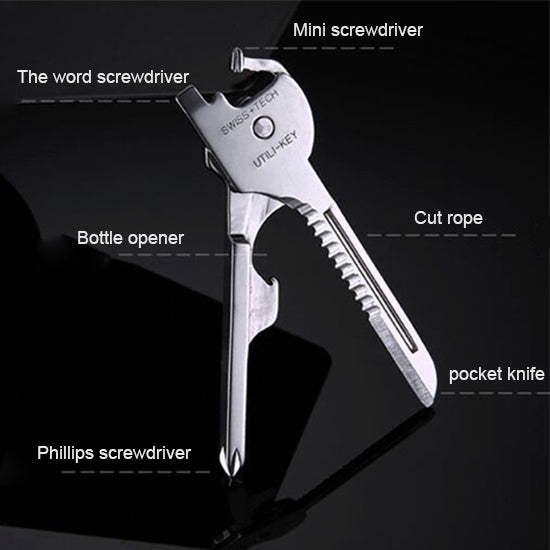 SWISS+TECH Stainless Steel 6 in 1 Multi-function Outdoor Key Chain, Foldable Mini Tools Key Ring
