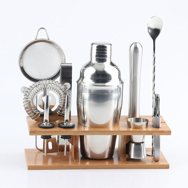 11 in 1 Stainless Steel Cocktail Shaker Tools Set with Wooden Mount, Capacity: 550ml, 550ml