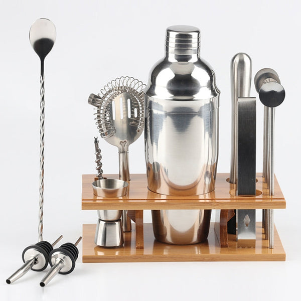 14 in 1 Stainless Steel Cocktail Shaker Tools Set with Bamboo Mount, Capacity: 750ml, 750ml, Bamboo