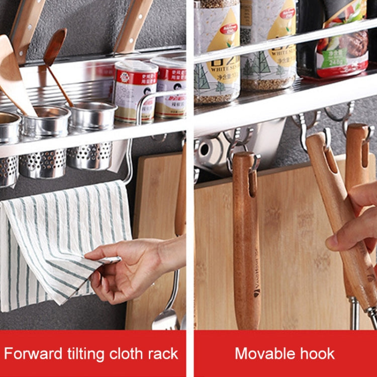 50cm 2 Cups 8 Hooks Multi-function Kitchen Punching-free Wall-mounted Plastic Edge Condiment Holder Storage Rack, 50cm Punching-free Plastic Edge