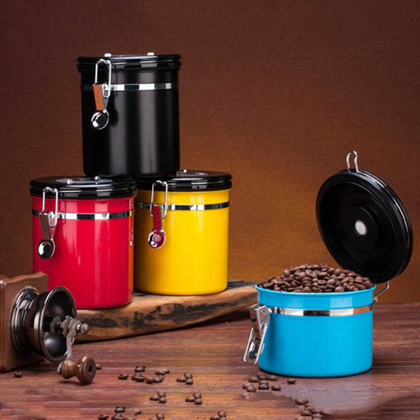 800ml Stainless Steel Sealed Food Coffee Grounds Bean Storage Container with Built-in CO2 Gas Vent Valve & Calendar