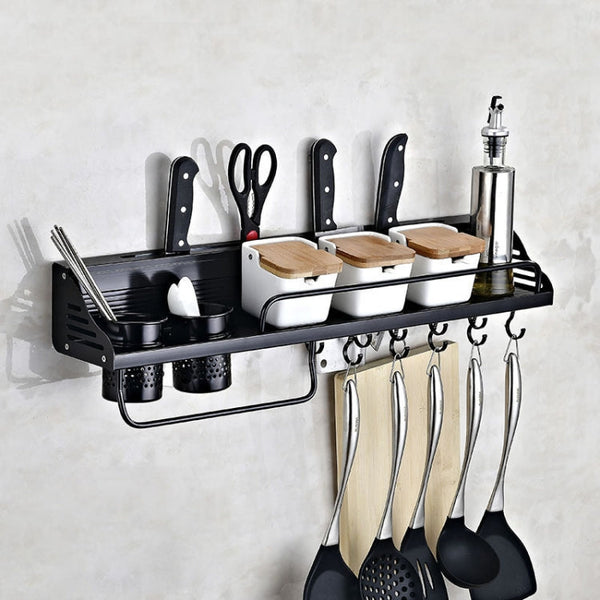 A Version 70cm 2 Cups  10 Hooks Kitchen Multi-function Wall-mounted Condiment Storage Rack, A Version 70cm 2 Cups
