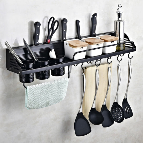 A Version 80cm 2 Cups 10 Hooks Kitchen Multi-function Wall-mounted Condiment Storage Rack, A Version 80cm 2 Cups