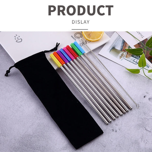 8pcs Reusable Silicone Tips Stainless Steel Drinking Straws + 2pcs Cleaner Brushes Set Kit with Cashmere Bag,  215*6mm, 215*6mm