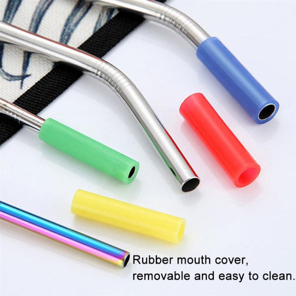 8 PCS Reusable Silicone Tips Stainless Steel Drinking Straws + 2 PCS Cleaner Brushes Set Kit with Cashmere Bag,  266*6mm, 266*6mm
