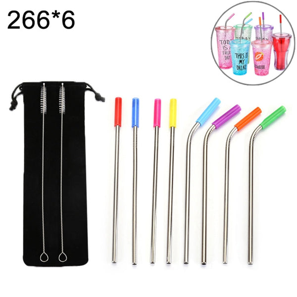 8 PCS Reusable Silicone Tips Stainless Steel Drinking Straws + 2 PCS Cleaner Brushes Set Kit with Cashmere Bag,  266*6mm, 266*6mm