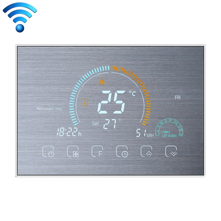 BHT-8000-GCLW-SS Brushed Stainless Steel Mirror Controlling Water/Gas Boiler Heating Energy-saving and Environmentally-friendly Smart Home Negative Display LCD Screen Round Room Thermostat with WiFi