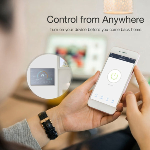 BHT-8000-GALW-SS Brushed Stainless Steel Mirror Control Water Heating Energy-saving and Environmentally-friendly Smart Home Negative Display LCD Screen Round Room Thermostat with WiFi