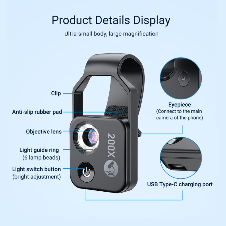 APEXEL APL-MS002BK 200X HD Universal Portable Mobile Phone Microscope with LED Light