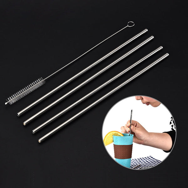 4 PCS Reusable Stainless Steel Drinking Straws + 1 x Cleaner Brush Set Kit, Straight