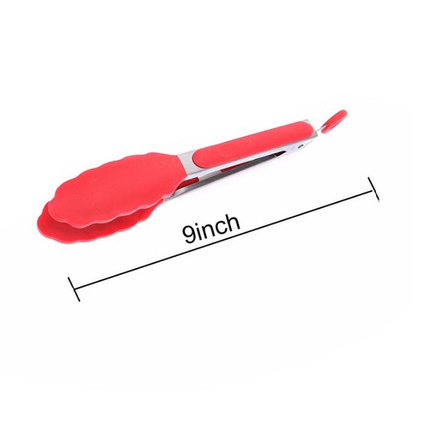 9 inch Silicone Non-slip Food Bread Barbecue BBQ Clip Tongs Kitchen Tools, 9 inch Black, 9 inch Red