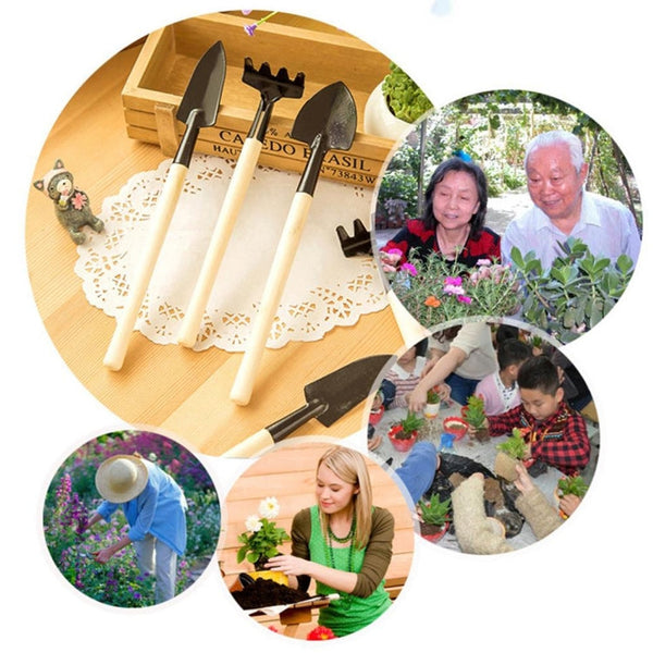 4pcs Rake Shovel Digging Trowel 3 in 1  Wooden Handle Metal Head Mini Garden Plant Tool Gardening Tool, Plant Tool 1