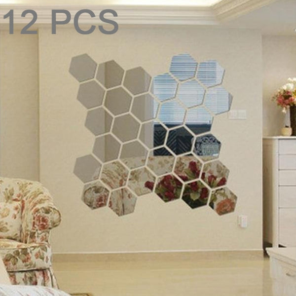 12 PCS 3D Hexagonal Mirror Wall Stickers Set, Size: 4*4cm