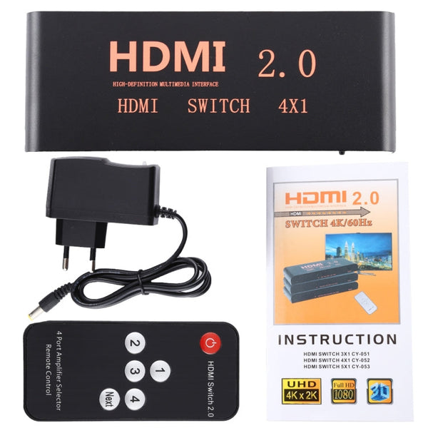 4X1 4K/60Hz HDMI 2.0 Switch with Remote Control, EU Plug, 4X1