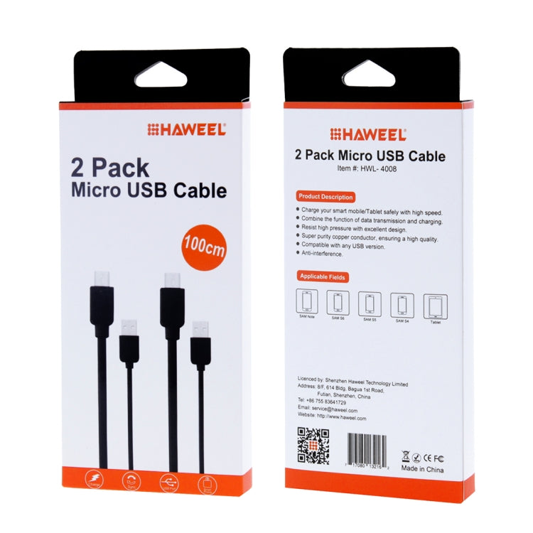 2 PCS HAWEEL 1m High Speed Micro USB to USB Data Sync Charging Cable  Kits For Galaxy, Huawei, Xiaomi, LG, HTC and other Smart Phones