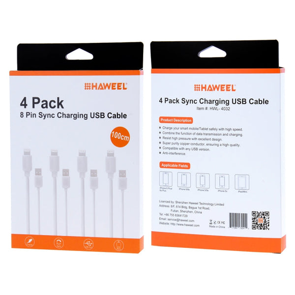 4 PCS HAWEEL 1m High Speed 8 pin to USB Sync and Charging Cable Kit for iPhone, iPad, 4pcs