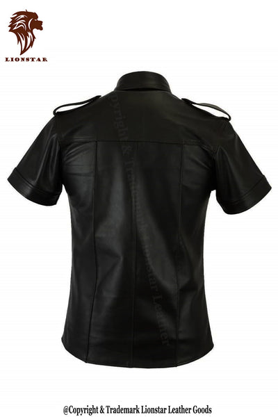 LionStar Police Style Men Half Sleeves Real Leather Shirt