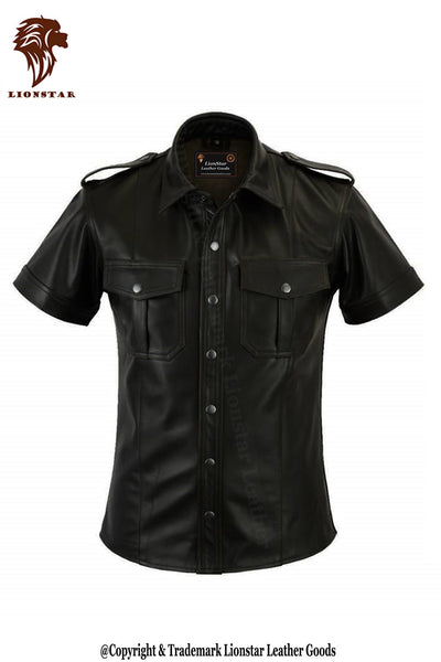 LionStar Police Style Men Half Sleeves Real Leather Shirt