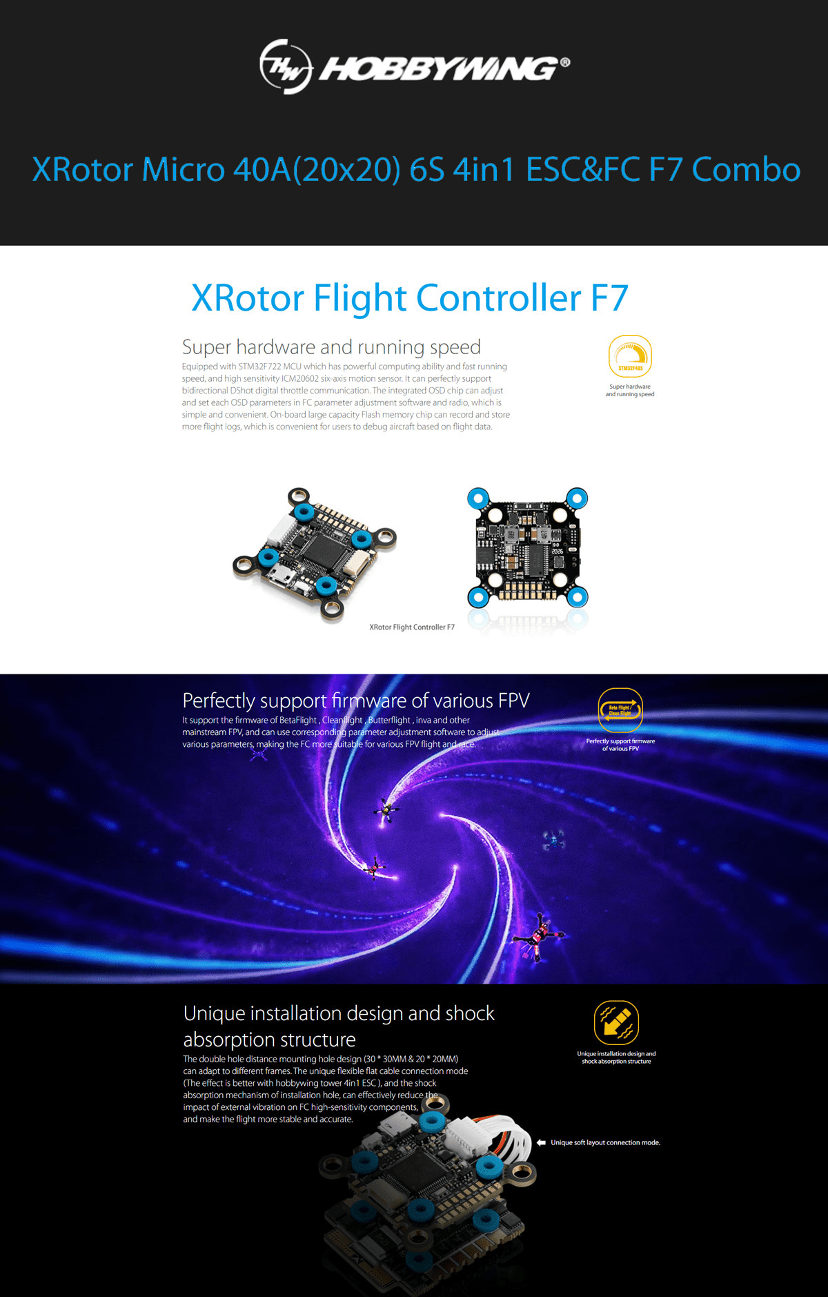 Hobbywing XRotor Combo Stack (F7 FC + 60A BLHeli_32 ESC)