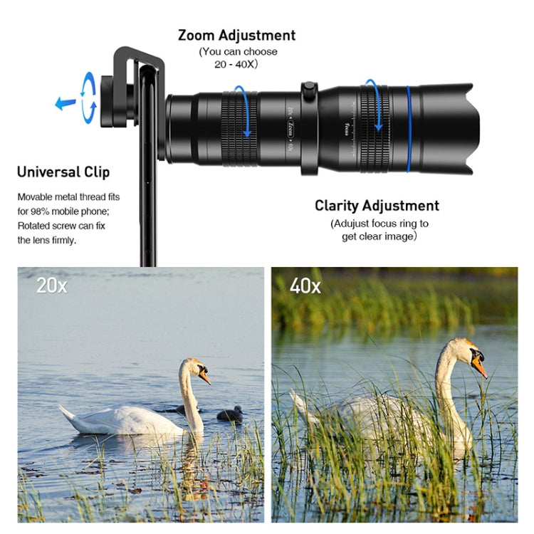 APEXEL APL-20-40XJJ04 20-40X HD External Dual-adjustment Zoom Telescope Universal Telephoto Phone Lens, APL-20-40XJJ04