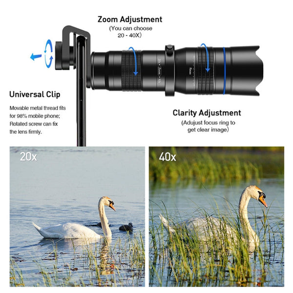 APEXEL APL-20-40XJJ04 20-40X HD External Dual-adjustment Zoom Telescope Universal Telephoto Phone Lens, APL-20-40XJJ04