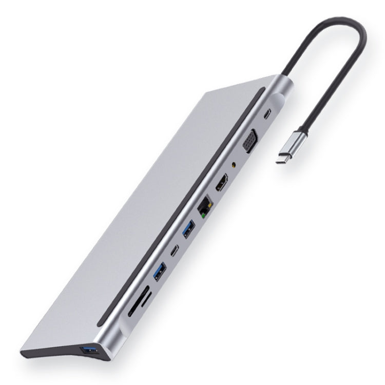 11 in 1 RJ45 + 87W PD + SD/TF + USBx3+ HDMI + VGA + 3.5mm AUX to Type-C HUB Adapter, 11 in 1